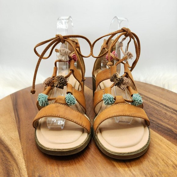 Maurices Ember Sandals 7 Camel Brown Zip Back Strappy Lace Up Tassel Stack Heel - Picture 4 of 13